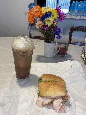 Iced mocha and turkey sandwich