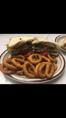 Crispy Chicken Club with Onion rings $8.50, mmmmm!