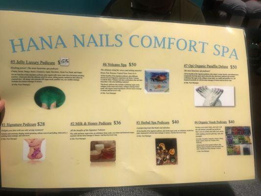 Pedicure options and pricing as of today.