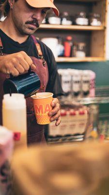 Eli making oat milk Chaga latte for ya boy