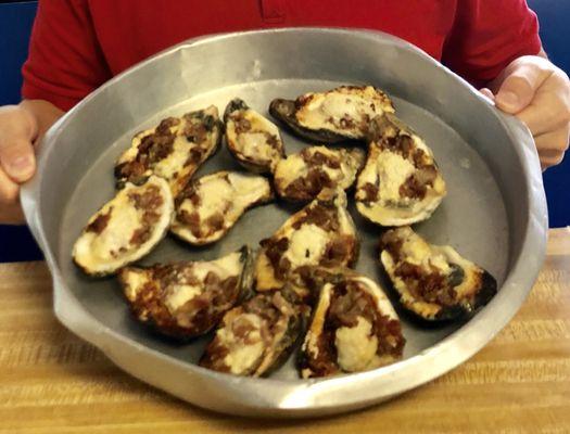 Grilled oysters with bacon and Parmesan