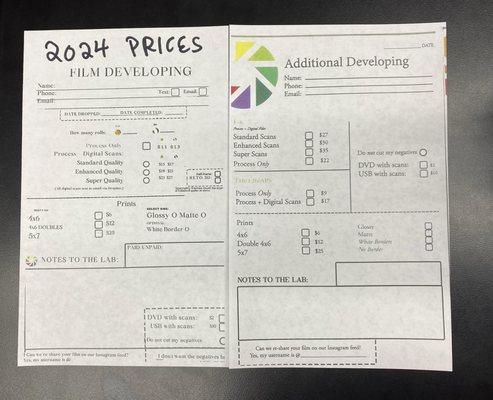 Our film developing prices as of 2024. 35mm and 120mm done in house, film listed on the right sheet sent out to a partner company.