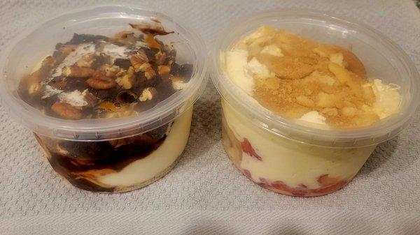 Turtle brownie cheesecake and strawberry banana cheesecake dessert bowls. These will make you happy!