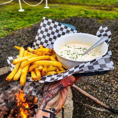 Chowder, fries, campfire