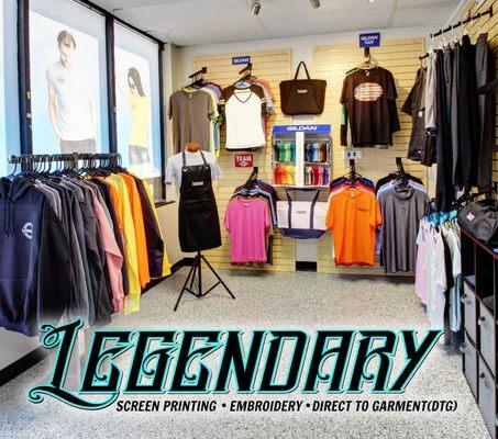 Legendary Screen Printing show room with many samples to help find the right fit for your team.