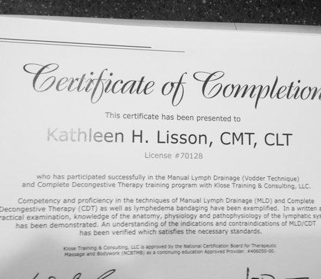 Kathleen's Certified Lymphatic Therapist certificate from Klose Training.