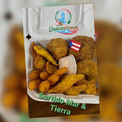 Surtido Mar y Tierra (Empanadillas pescado, empanadillas camarones, Sorrullos de maíz y rellenos de papa