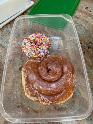 cute sprinkle cake donut and amazing cinnamon roll!