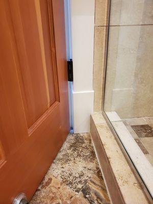 Grout and trim replacement on leaking shower, recaulk shower, finish work