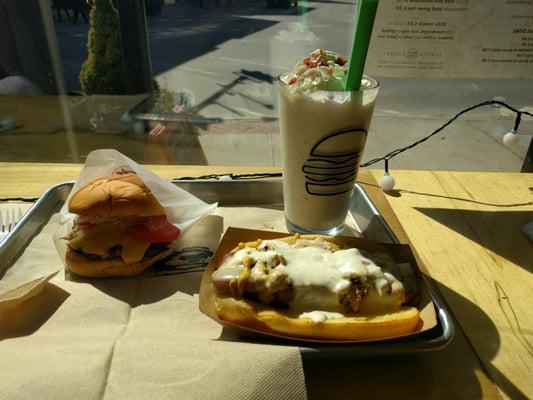 Whiskey bacon milk shake, Reuben dog, and smashed Burger!  I'm getting my fat on!