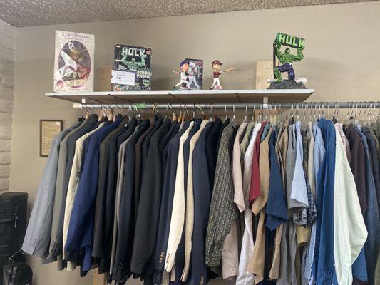 Blazers, men's shirts, and collectibles.