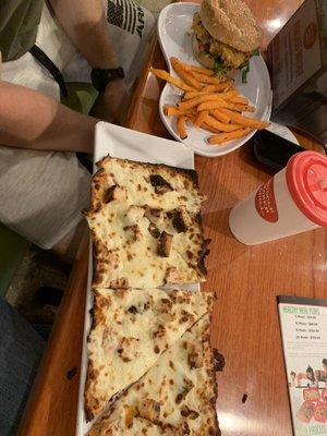 Flat bread bbq chicken with mozzarella. Burger with sweet potato fries