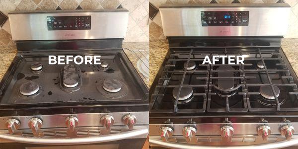 Before and after stove top cleaning.