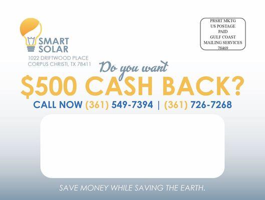 $500 cash back. Save money and reduce your carbon footprint. Be smart, ask us how it works. 

#GoSolar