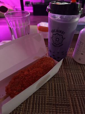 Hot Cheetos dog and ube milk tea w/boba