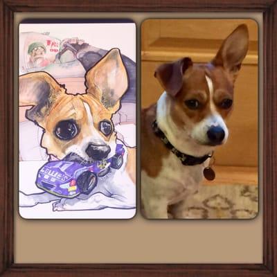 Amazing caricature of our pup, Six.