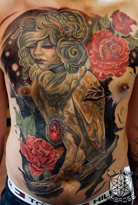 Custom owl lady chest piece by Sean Ambrose! Check out our website for more: www.ArrowsAndEmbersTattoo.com