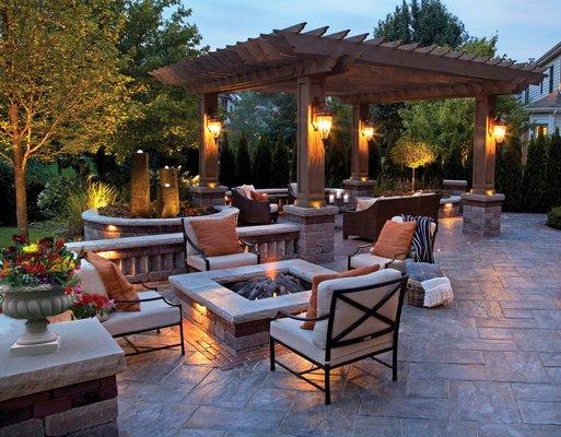 Patio with pergola fire pit and lighting