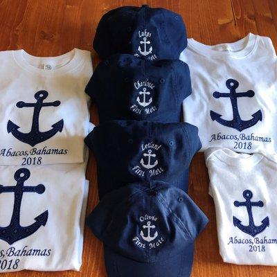 Nautical anchor caps & shirts w/ vacation destination