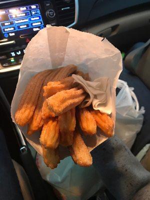 Dozen Churros with cinnamon and sugar. Hot and fresh!! $10