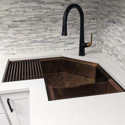 The Space Saving Butterfly Corner Workstation Kitchen Sink. Available in Stainless Steel (SS) - Gold SS - Black SS - Copper SS