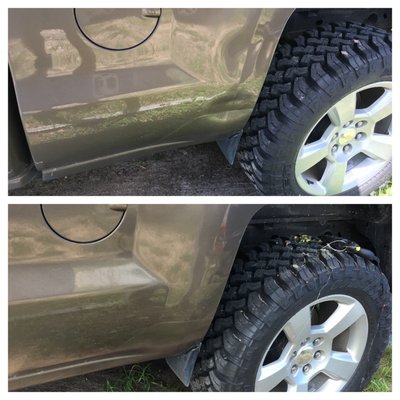 Before and after photo of dent removal