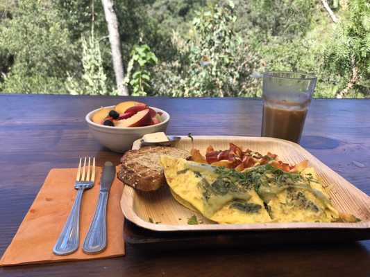 Outstanding Omelette with Potatoes (cut for us to share). Additional Side of Fruit.