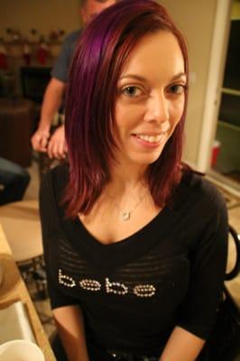 Color and cut by Carey at Liquid Hair Studio - long layers base is red violet with vivid purple highlights