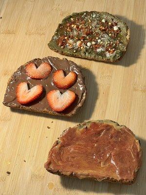 We offer three types of toast. Avocado Toast, All Love, and PB&J! The avocado spread and strawberry jam is of course, homemade!