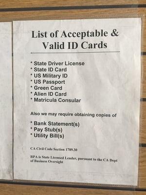 List of valid CA IDs required to apply for a Deferred Deposit Loan