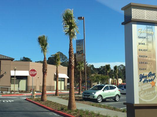 Palm trees line the parking lot