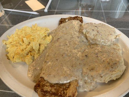 Chicken fried steak, biscuit and gravy and 2 egg breakfast. Best chicken fried steak I've had outside Texas and huge portions for $10.75