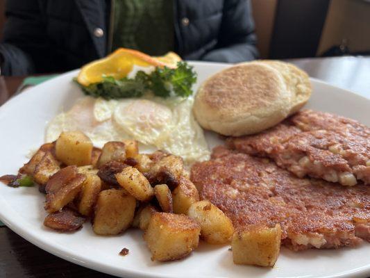 Hash and eggs with home fries, English muffin.