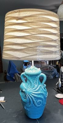 Flea market find becomes shore house lamp with help from Bob at the service desk.