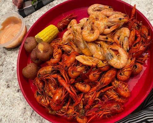 Boiled shrimp, boiled crawfish, corn and potatoes