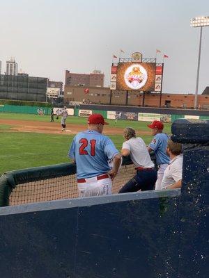 Home dugout and scoreboard