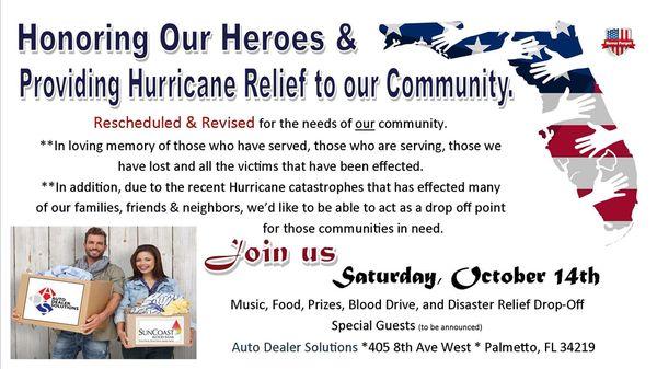 Join us October 14th as we honor our heroes and reach out to hurricane victims.