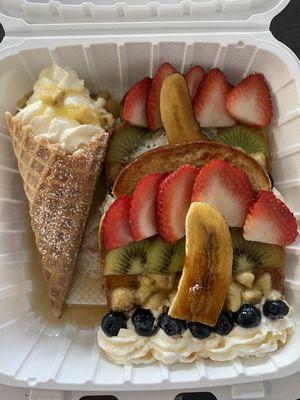 Banana French Toast... Almost too pretty to eat! The waffle cone was filled with fresh bananas and whipped creamDelightful!