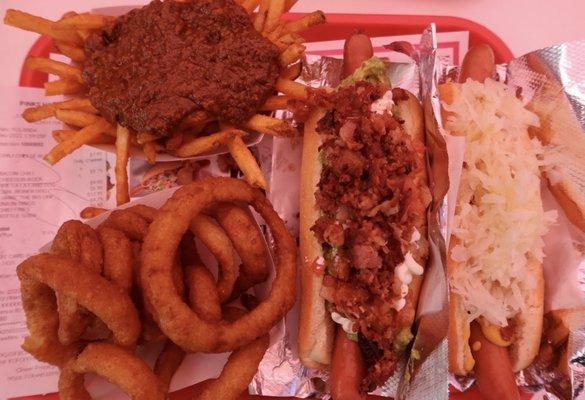 Chili fries, Onion rings, La La Land Hotdog (the one in the middle), and Charles