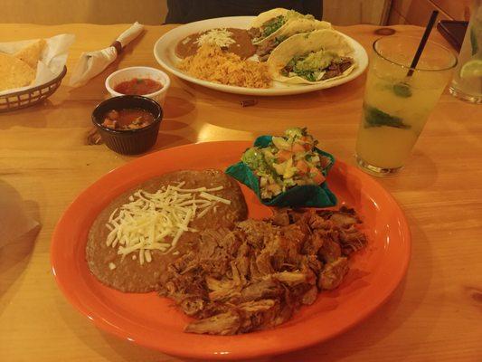 Friend got steak tacos. Super Fresh salsa. I got carnitas. Came with tortillas and avocado salad