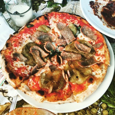 Sausage and grilled eggplant pizza, summer Wednesday pizza night