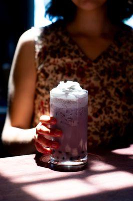 Blueberry Taro Latte (Purple Lagoon) topped with coconut cream foam