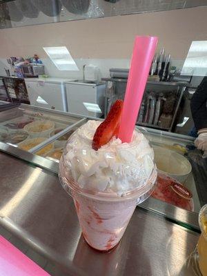 Strawberry crème shake and a view of the operation