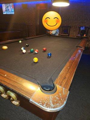 My friend and I playing pool and enjoying ourselves. Yes, I hidden the face.