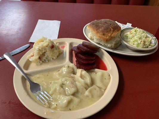 Chicken and dumplings, potato Salad, beets, fresh roll and slaw!! The perfect portions as well. All for unbelievable price!!