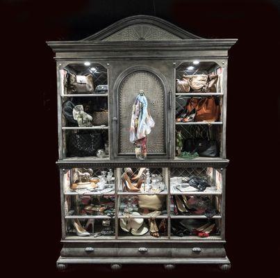 FEMININE FASHION PARIS THEME CABINET by Award Wining Designer/Maker Jerry Whittington. Leather Wrapped, Jewelry Box Drawers, Mirror, Lights