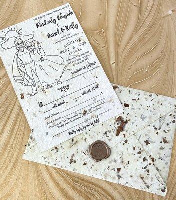 Handmade paper Wedding invitations with handmade envelopes and wax seals