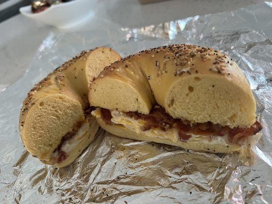 Bacon egg and cheese on an egg everything bagel