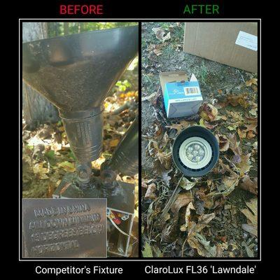 The after image (right) is the NEW ClaroLux FL36  Lawndale (lifetime warranty) with a Brilliance PAR36 12W 12V led (5 year warranty).