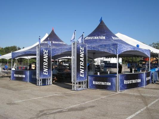 Blue Frame & Cable Tent w/permanent decal graphics and framed banners